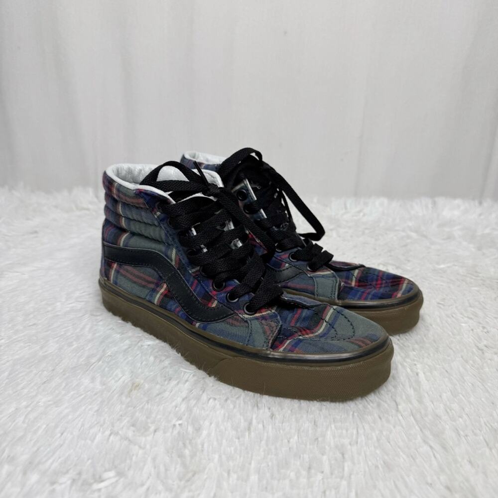 VANS / green red blue tartan plaid classic high top lace up sneakers / 6